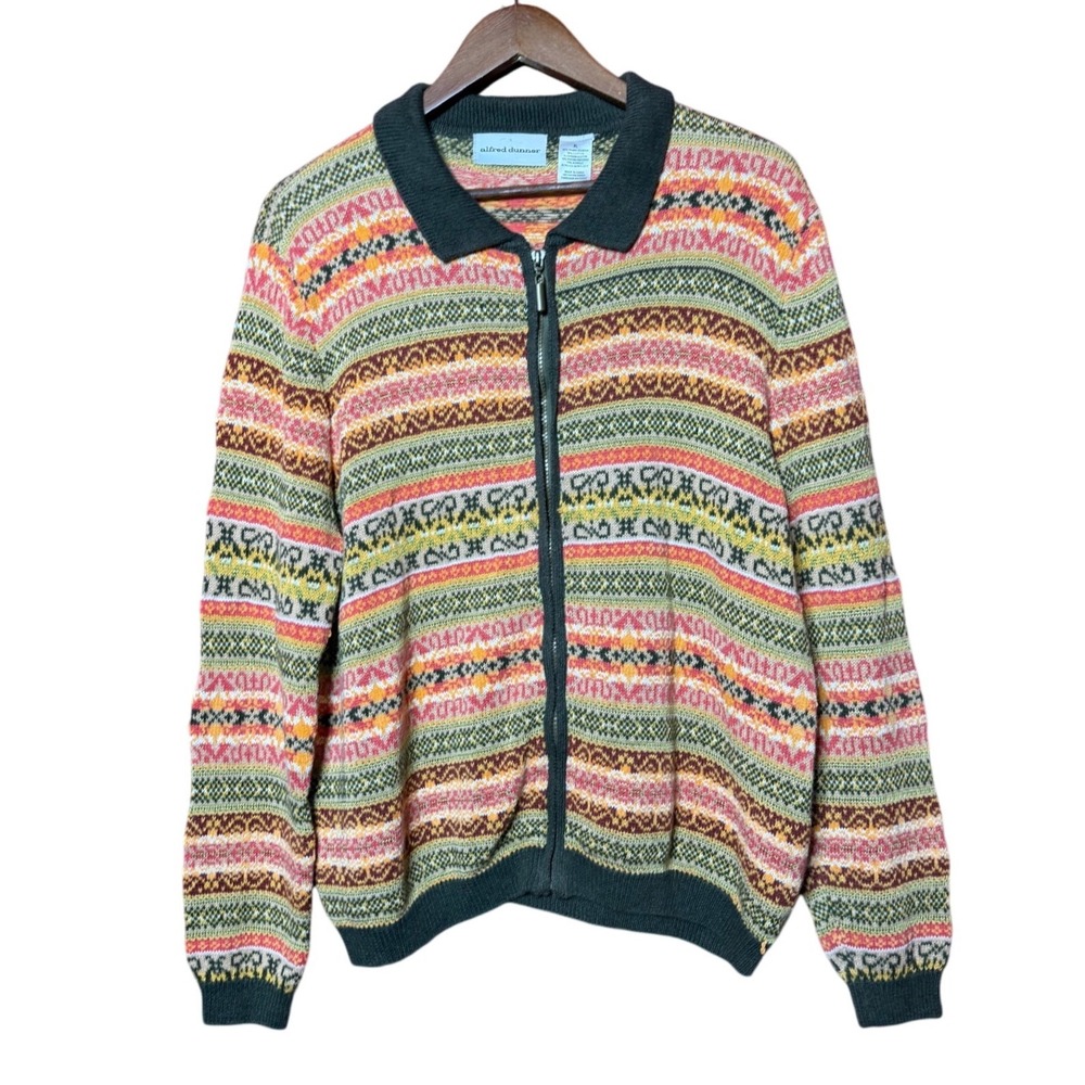 Alfred Dunner Zip Up Cardigan Women XL Multi Color Fisherman Fair Isle Metallic